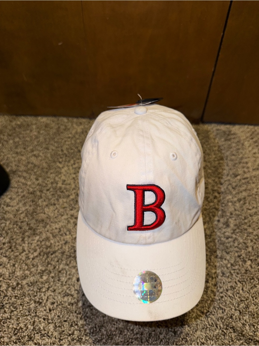 Boston Proper White Baseball Cap with Red B Embroidery